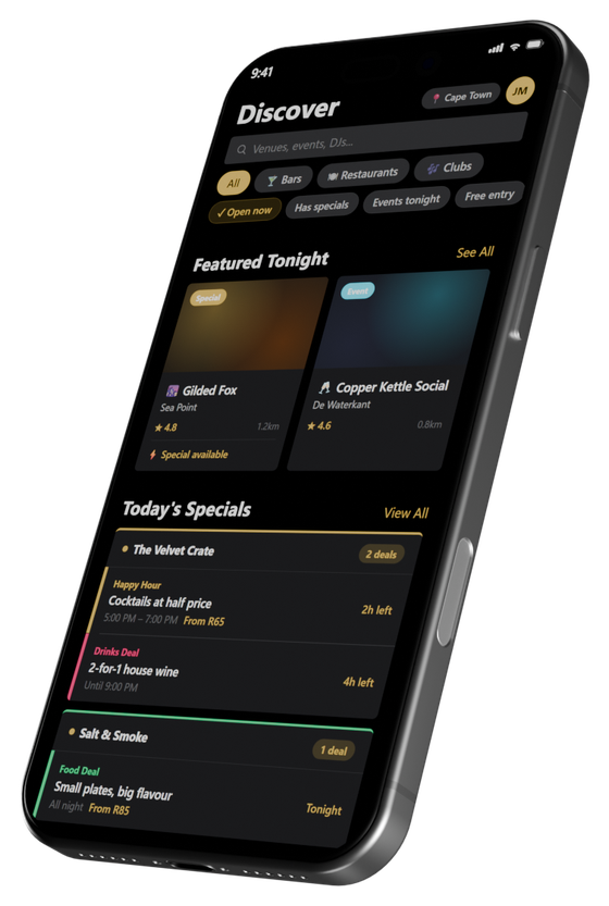 VENUE app Discover screen showing nearby Cape Town bars and restaurants with tonight's specials