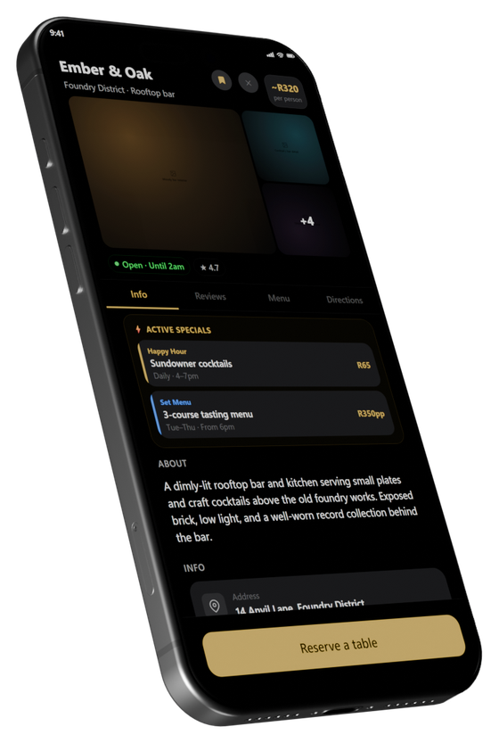 VENUE app venue detail screen for Ember & Oak rooftop bar, showing active specials and a reserve a table button